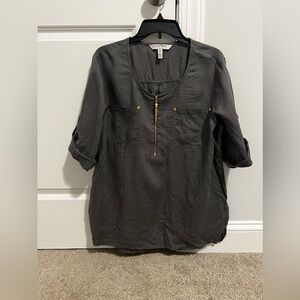 Ellen Tracy Tunic Womens XL 100% Linen Gray With‎ Gold Zipper Roll Tab Sleeve